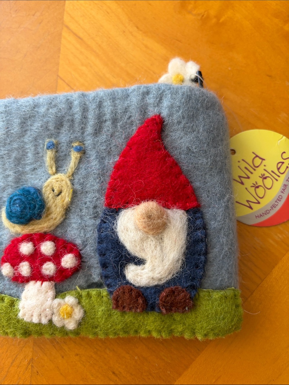 Hand-Felted Grey Kids Pouch with Red Gnome Hat